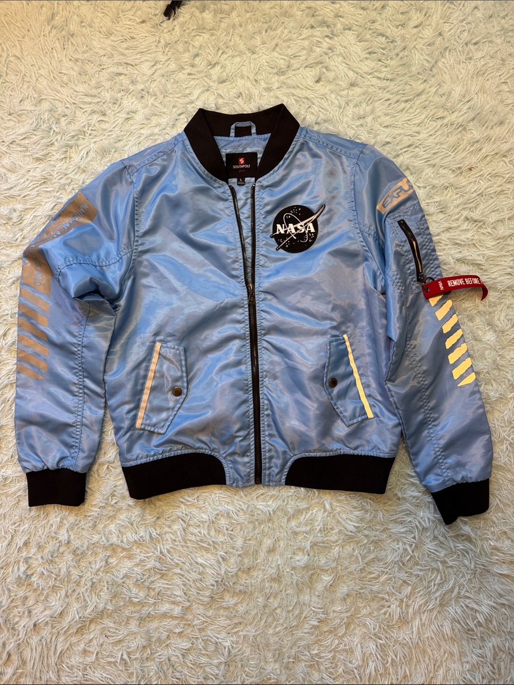 South Pole Light Blue NASA Patch Bomber Jacket with Black Trim- kids large.